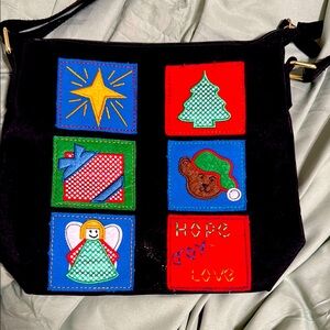 Festive Black Crossbody Bag with Colorful Patches